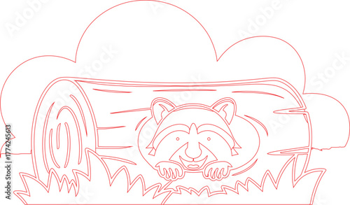 Cute Cartoon Raccoon Peeking Out of a Hollow Log Red Outline Art