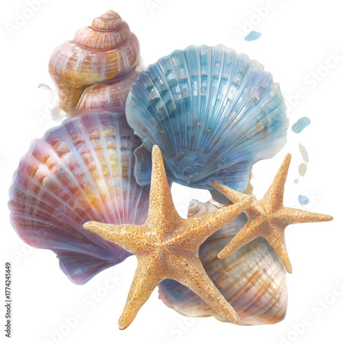 A vibrant collection of colorful seashells and two starfish.