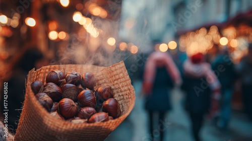 Warm roasted chestnuts held in a cone at a festive market in the evening