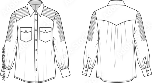 Men’s long sleeve button up shirt technical flat sketch, pointed collar, chest pockets, cuff detail, yoke pleats, CAD drawing flat vector illustration
