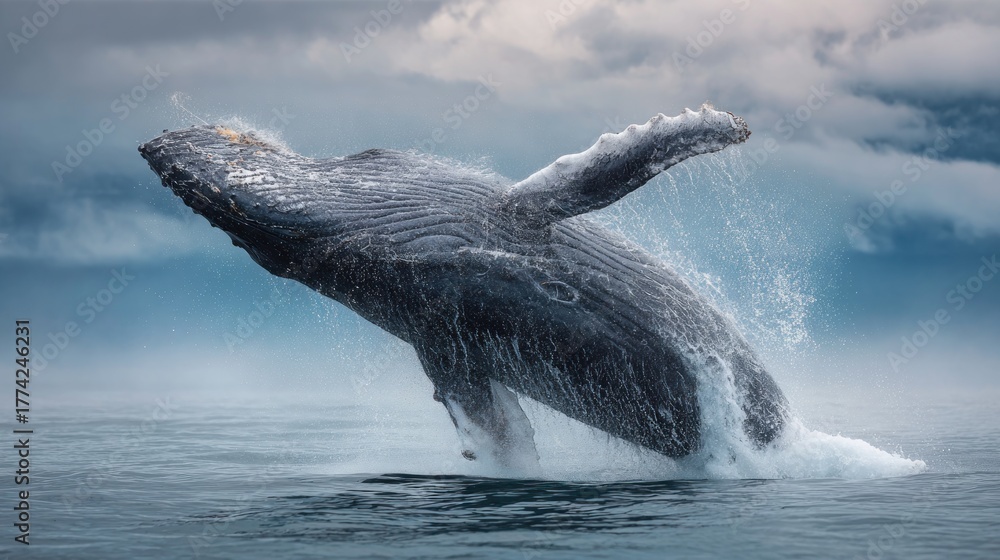 Fototapeta premium Humpback whale breaching from ocean waves against cloudy sky background