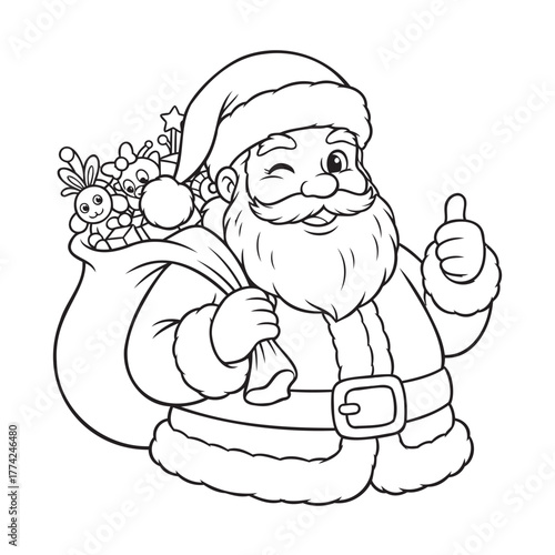 Santa Claus Thumbs Up Vector Outline with Gift Sack