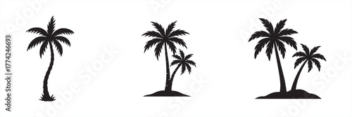 Palm tree silhouette, tropical vector icon set