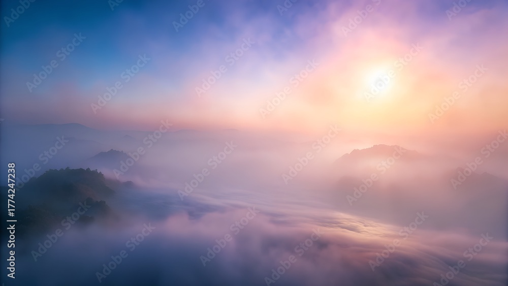 Obraz premium Sunrise over mountains with sun rays and clouds in a colorful sky