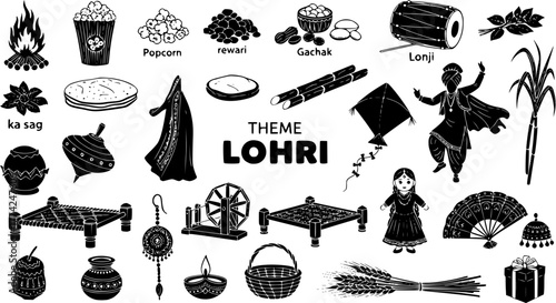 Traditional Indian Lohri Festival Elements: Black and White Icons of Bonfire, Popcorn, Sweets, Kite, Dance, and Cultural Items