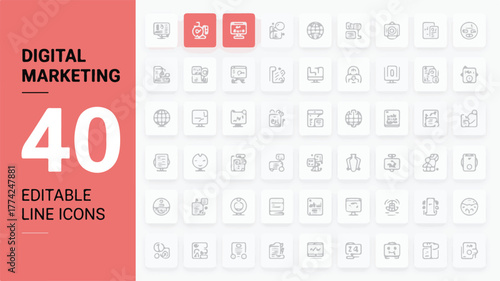 Digital marketing editable line icons collection on website interface Keywords: digital, marketing, icons, editable, line, collection, set