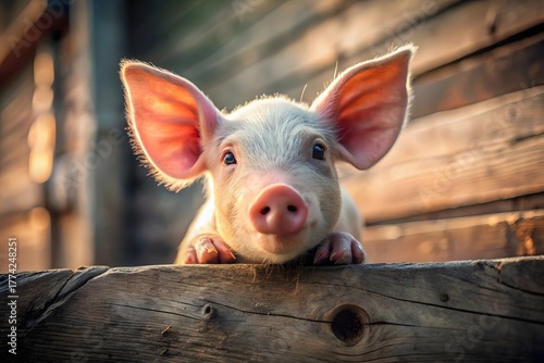 Cute piglet looking over a wooden fence on a farm at sunset