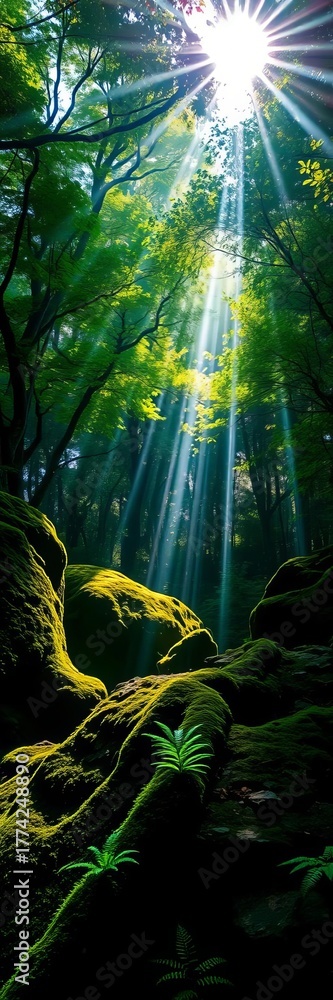 Obraz premium Sunlight filtering through a dense forest canopy, illuminating moss-covered rocks and ferns, wilderness, dappled light