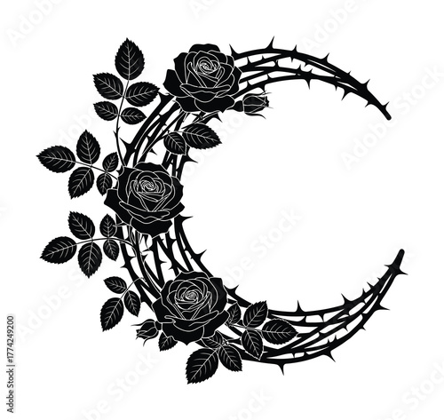 Black rose moon thorns vector design goth floral crescent tattoo art print eps silhouette