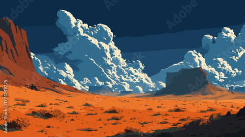 青空の下のオレンジ色の不毛な砂漠の風景