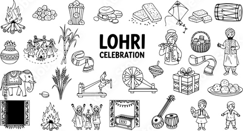Lohri Celebration Doodle Set. Hand-drawn line art icons featuring traditional elements, food, dance, music, and activities of the Indian harvest festival.