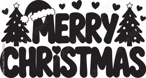 Merry christmas text with trees and santa hat