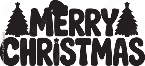 Merry christmas text with trees and santa hat