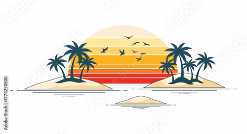 Tropical Beach Island Sunset Scene Vector Illustration