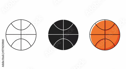 Vector Illustration of Basketball in Various Styles Outline, Solid Fill, and Color