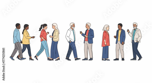 Vector Illustration Diverse Group of People Standing and Walking