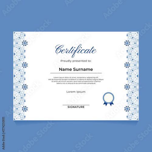 Elegant blue certificate template with ornamental border and seal