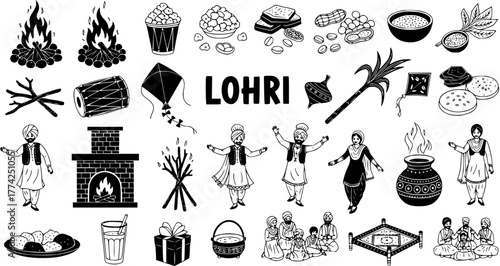 Lohri Festival Celebration Elements Set: Traditional Indian Winter Harvest Icon Collection with Bonfire, Dance, Food, and Cultural Symbols