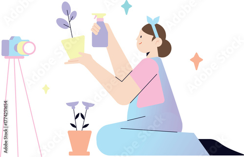 Woman creating plant care content with camera and houseplants