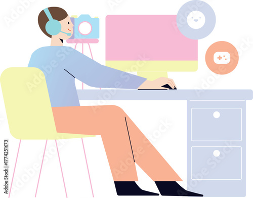 Online content creator streaming video, working on computer at desk