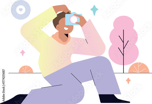 Smiling man capturing photos with camera, modern flat illustration