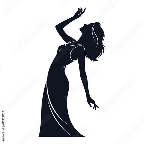 Elegant woman silhouette in flowing dress reaching up, graceful pose for fashion, beauty, and design projects, expressing freedom and artistic inspiration