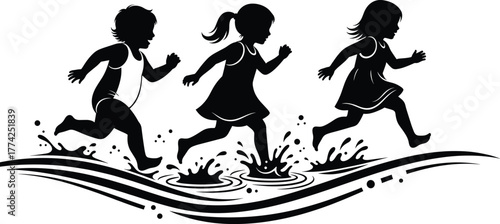 Children running through water silhouette vector with splashes, playful motion, summer activity, outdoor fun, and joyful childhood energy
