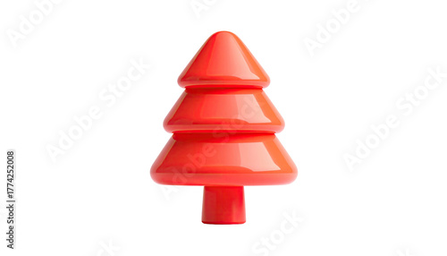 Glossy, three-tiered, red Christmas tree with a simple trunk, isolated