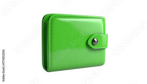 Shiny green bi-fold wallet with a snap closure on a black background