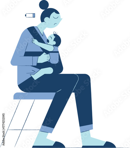 Exhausted mother holding sleeping baby, energy low, childcare stress