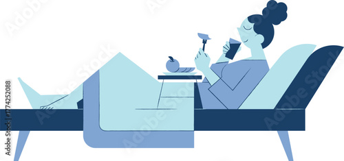 Woman relaxing in bed, enjoying a beverage and a light snack