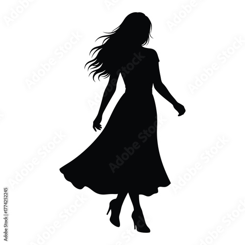 Elegant woman silhouette in flowing dress walking with confidence and grace, perfect for fashion blogs or sophisticated design projects