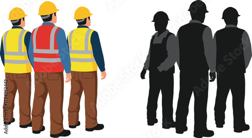 Construction worker vector illustration with safety vests, hard hats, silhouette and editable anchor points for industrial, labor, and design use