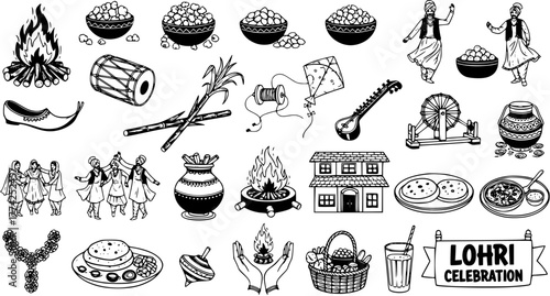 Lohri Harvest Festival Hand-Drawn Doodle Set: Bonfire, Traditional Punjabi Food, Folk Dance, Music, Cultural Symbols, and Winter Celebration Elements