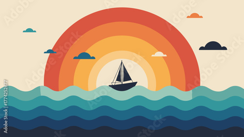 Sunset Sea Sailboat Vector Illustration Background