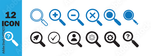 Magnifying Glass Icon Set  Search, Zoom, Settings, User, Success. Vector illustration eps 10