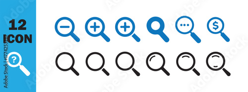Magnifying Glass Icon Set  Search, Zoom, Settings, User, Success. Vector illustration eps 10