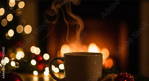 Cozy evening scene with hot cocoa by the fireplace during christmas holiday