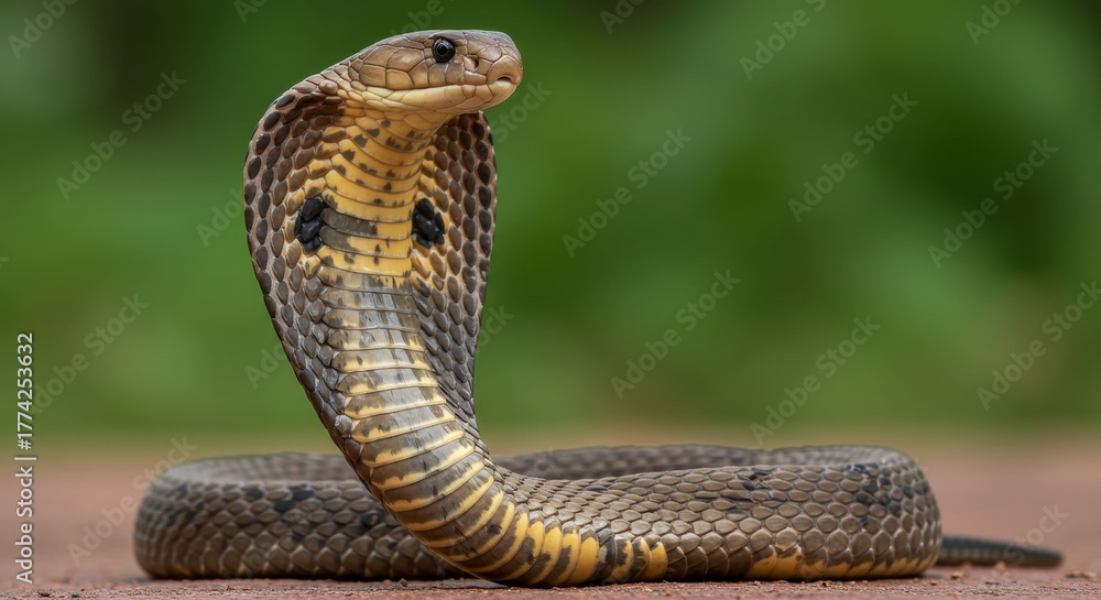 Fototapeta premium Captivating cobra portrait showcasing its majestic hood and scales