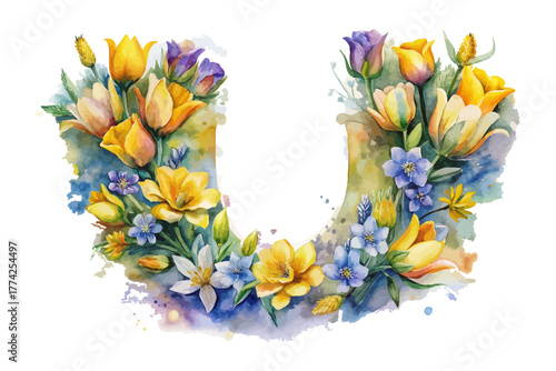 Botanical Alphabet U Watercolor Flower Letter vector illustration