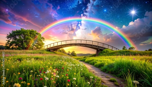 Scenic landscape with a rainbow arching over a bridge at dusk