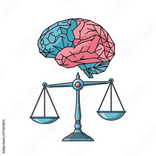 Brain balances on scales, symbolizing mental health and emotional equilibrium in a clean, minimalist style, promoting wellness and mindfulness.