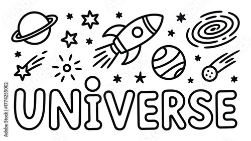 Explore the Universe with Fun Hand-Drawn Illustrations of Planets, Stars, Rockets and More for Kids' Designs and Educational Projects