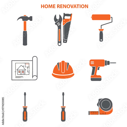 Various construction tools arranged neatly on white surface representing home renovation and improvement projects with clean and organized aesthetic.