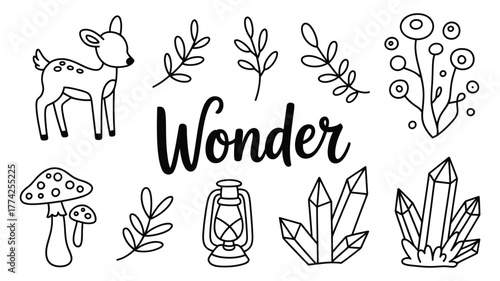 Enchanting wonderland with playful deer, mushrooms, crystals, and foliage, perfect for magical designs and storybook illustrations, evoking pure wonder