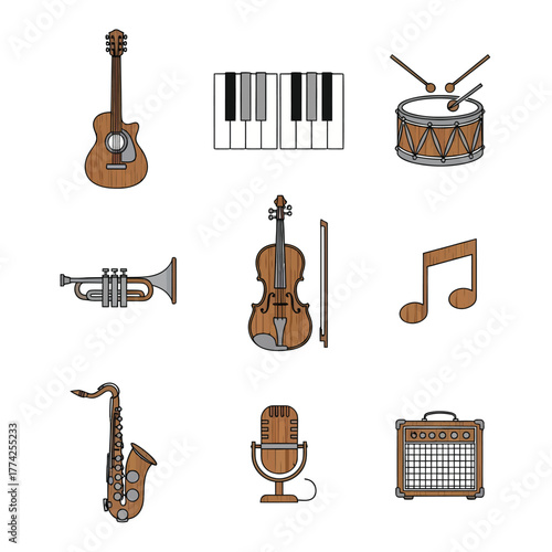 Musical instruments displayed on white surface representing diverse sounds and artistic expression in a creative and harmonious theme.