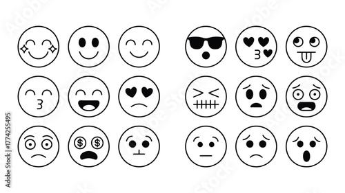 Dynamic collection of expressive emoji icons capturing a wide range of emotions for digital communication and creative projects.