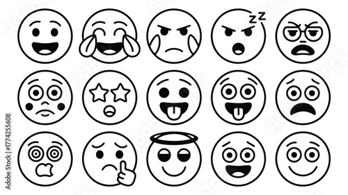 Expressive emoji collection capturing a spectrum of emotions from joy and laughter to anger and sadness perfect for digital communication