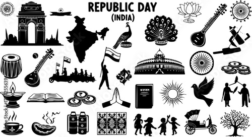 Indian Republic Day Vector Icons  Symbols - Freedom  Independence Celebration