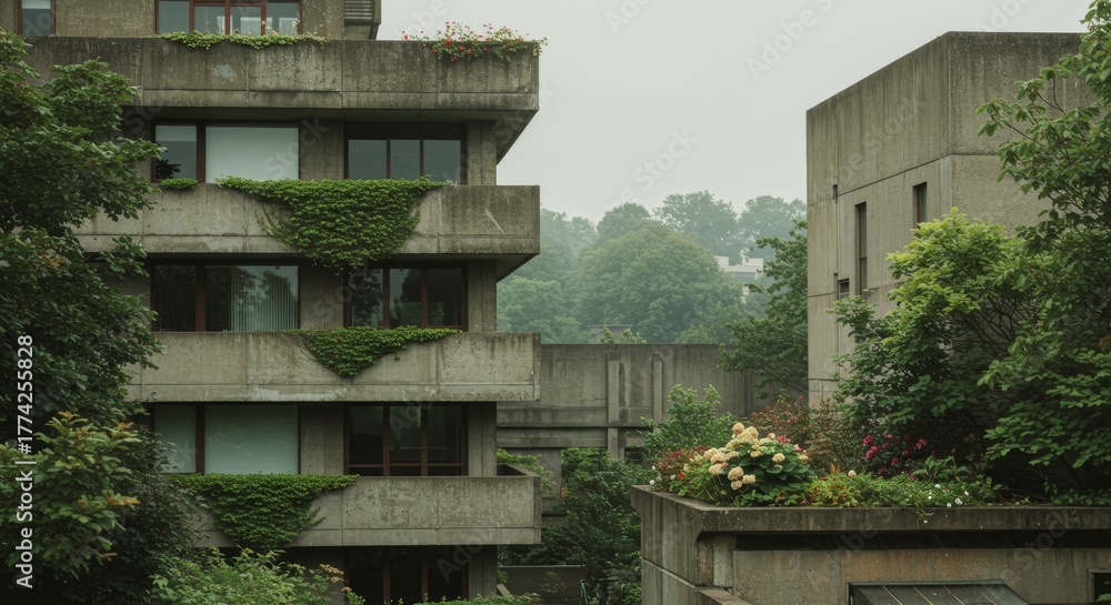 Fototapeta premium Brutalist Architecture Embraces Nature, A Concrete Building Adorned with Greenery